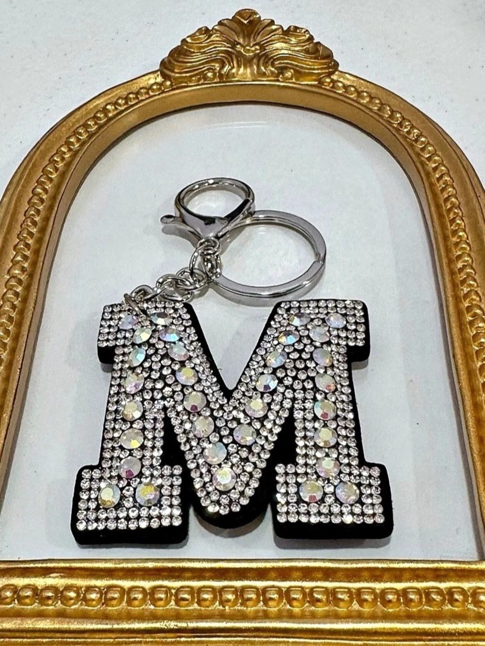 New M Rhinestone Initial Keychain Black & Silver - Picture 2 of 5